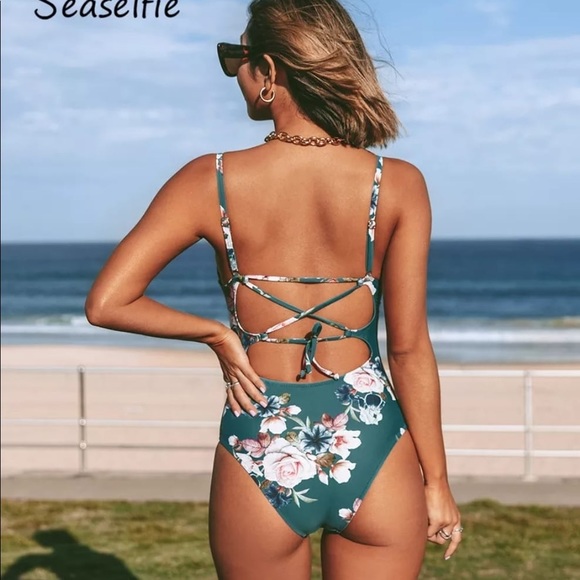 V-neck lace up monokini green floral monokini bathing suit beach wear#53 - Picture 2 of 6